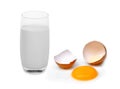 Warm milk with cracked egg with egg shell, egg yolk Royalty Free Stock Photo