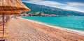 Warm morning on Baska public beach. Colorful summer seascape of Adriatic sea, Baska town location, Krk island