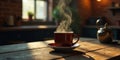 Warm morning beverage steaming in a rustic kitchen setting on a wooden table beside a kettle. Generative AI Royalty Free Stock Photo