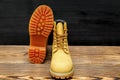 warm mountain winter Timberland tracking shoes, boots, sneakers.Sport casual footwear concept.