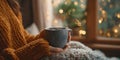 The warm mug cradled in hands on a cozy winter evening. AI generated image Royalty Free Stock Photo