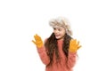 Warm my hands. her favorite knitted sweater. active healthy childhood. winter warmness. kid fashion. cheerful little kid