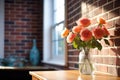 warm, natural light on brick wall with blooming roses at cape cod home Royalty Free Stock Photo