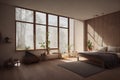 Warm Natural Lit Residential Primary Bedroom with High Ceilings and Nature Views