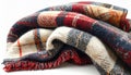 Warm Plaid Wool Blanket in Red Blue Beige on White Background Close Up Royalty Free Stock Photo