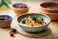 warm polenta porridge in a rustic bowl with blackberry topping