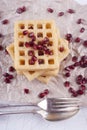 Warm potato waffle and pomegranate seed