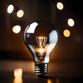 Warm Radiance: Glowing Incandescent Bulb on Wooden Floor with Bokeh Lights