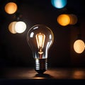 Warm Radiance: Glowing Incandescent Bulb on Wooden Floor with Bokeh Lights