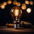 Warm Radiance: Glowing Incandescent Bulb on Wooden Floor with Bokeh Lights