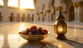 Dates Bowl and Traditional Lantern at Mosque Courtyard During Ramadan Royalty Free Stock Photo