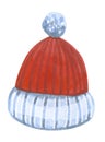 Warm red knitted hat with a pompon. Christmas hand drawn watercolor illustration