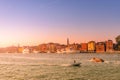 Warm reddish sunset over amazing Venetian Grand Channel, Venice, Italy, summer time