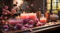 Warm romantic relaxing bath with rose petals and burning