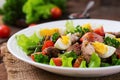 Warm salad with chicken liver, green beans, eggs, tomatoes Royalty Free Stock Photo