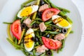 Warm salad with green beans, tuna, tomatoes and boiled eggs Royalty Free Stock Photo