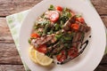 Warm salad of grilled beef with arugula and tomatoes close-up. h