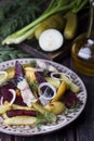 Warm salad of potatoes and smoked mackerel Royalty Free Stock Photo