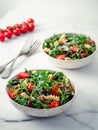 Warm salad with tuna, arugula, tomato, bean, pasta Royalty Free Stock Photo