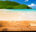 Warm sandy beach in caribbean by wooden decking Royalty Free Stock Photo