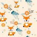 Warm seamless pattern with autumn elements, clouds, rain, fox, flowers, decor. Royalty Free Stock Photo