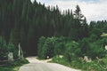 Warm season. A narrow mountain road winding into dense dark green coniferous forest. path among mountains and wooded Royalty Free Stock Photo