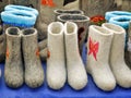 Warm shoes for children made of felt (boots) Royalty Free Stock Photo