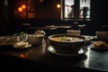 A warm, steaming bowl of hot and sour soup, wonton soup, featuring an array of flavors and ingredients, set in a cozy, atmospheric