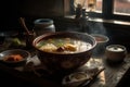 A warm, steaming bowl of hot and sour soup, wonton soup, featuring an array of flavors and ingredients, set in a cozy, atmospheric