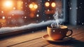 Cozy Steaming Coffee by a Snowy Window on a Winter Day Royalty Free Stock Photo