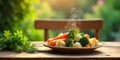 Warm steaming vegetables on rustic wooden table in sunny garden setting. Generative AI Royalty Free Stock Photo