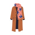 Warm straight long coat and scarf. Fashion casual outerwear clothes for autumn. Women apparel for cold weather, fall