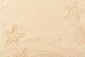 Warm summer backdrop with painted sand pictures. Baby drawn starfish background. Empty space for creative design or text. Holidays