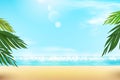 Warm summer beach with palm tree branches, blue sky and feather clouds. Background design template with open space for
