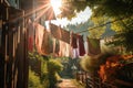 warm summer day, with clotheslines hung with colorful laundry and the warm sun shining