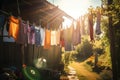 warm summer day, with clotheslines hung with colorful laundry and the warm sun shining