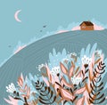 Warm summer night in the village. Cute vector illustration. Hand drawn rustic poster design.