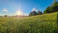 Altfinkenstein - Warm sun beams through Idyllic alpine meadow during sunset with scenic view of Finkenstein Castle