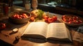 Open Cookbook with Fresh Tomatoes and Herbs on Table.