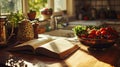 Open Cookbook with Fresh Tomatoes and Herbs on Table.