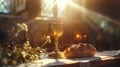 Warm sunlight on a golden chalice and fresh bread, representing communion and unity on an altar