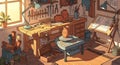 Warm sunlight illuminates a detailed artisan workshop, showcasing various creative tools and projects on a workbench, pottery Royalty Free Stock Photo