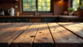 Warm sunlight illuminates rustic wooden tabletop in a cozy kitchen setting. Generative AI Royalty Free Stock Photo
