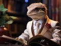 Lizard lawyer reading book under natural light