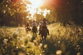 A warm, sunlit scene of children riding hobby horses outdoors. The golden hour lighting casts a soft glow over the scene