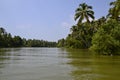 Quiet Keralan backwaters in India, with houseboat in the distance Royalty Free Stock Photo