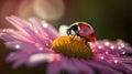 Warm sunny summer day with ladybird sitting on a pink chamomile flower with water drops after rain. Generative AI