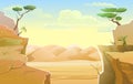Warm sunrise in desert. Rocks and cliffs with acacias. Desert sand. Landscape of southern countryside. Cool cartoon