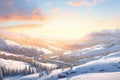 warm sunrise hues on a snow-filled valley