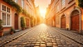Sunrise over cobbled street in old european town Royalty Free Stock Photo